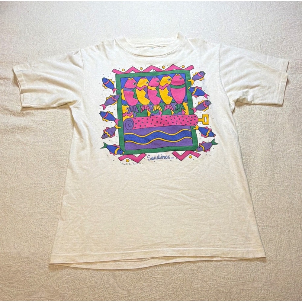 Alore Vintage 90s Mens L White Sardines Fish Graphic Crew Neck Cotton Tee USA